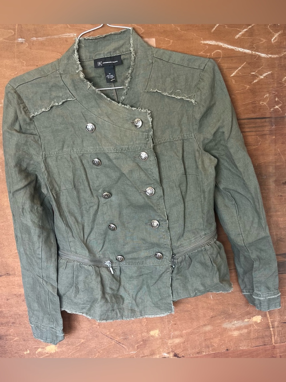 INC International Concepts Olive Green Linen Military Style Jacket